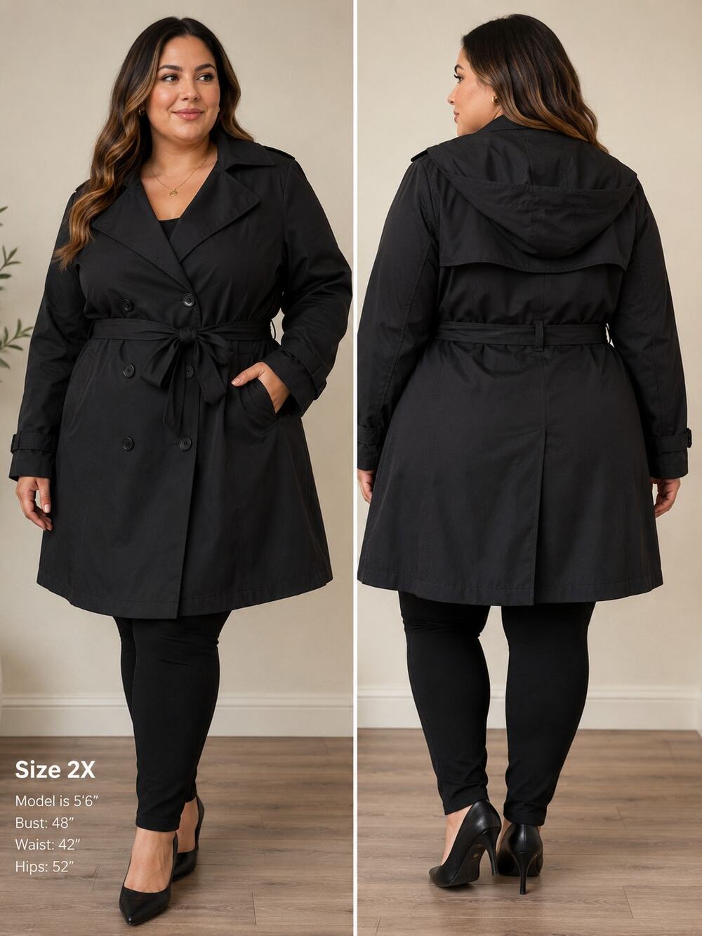 Gallery Woman Black Trench Coat Women's 2X Double Breasted Belted Hooded